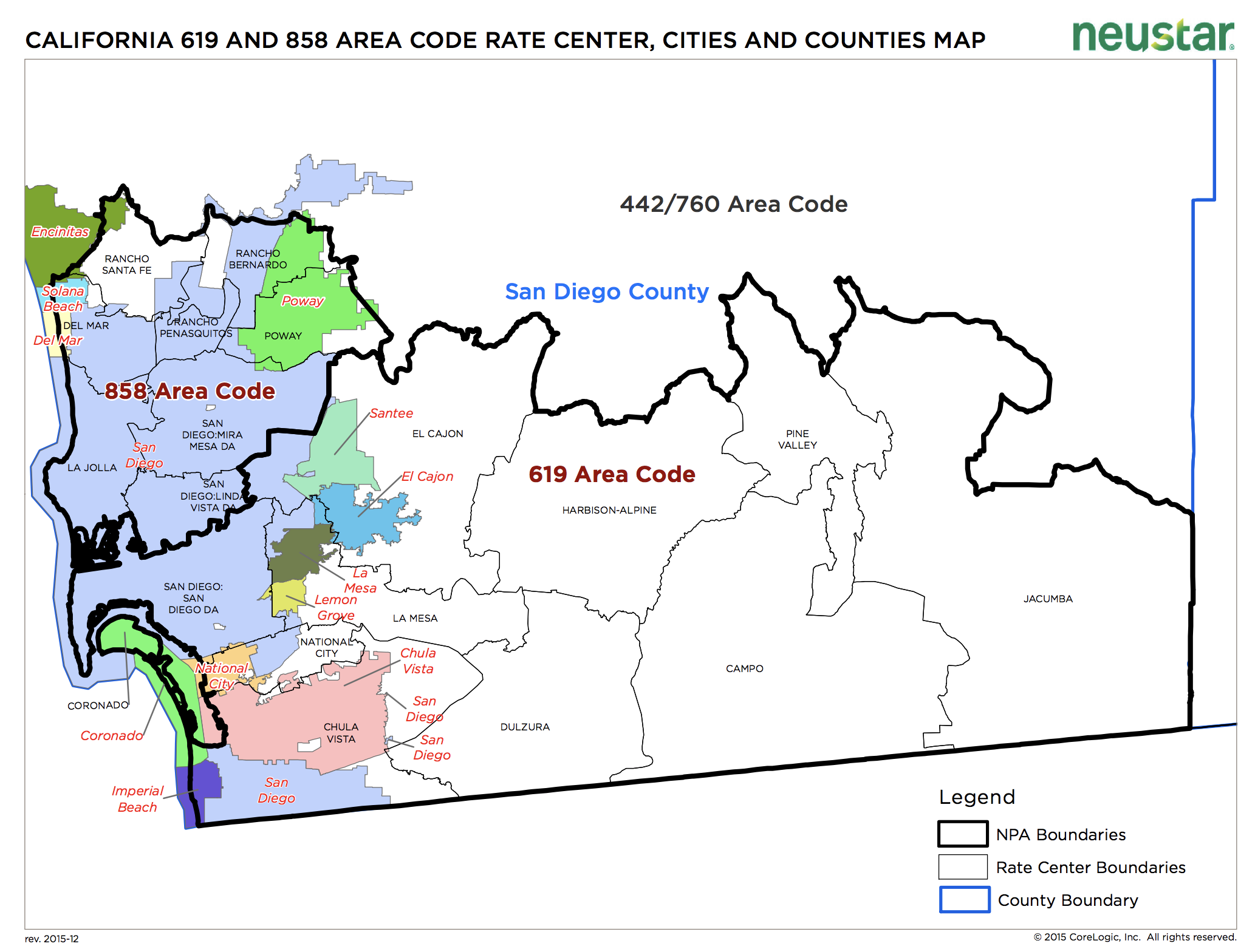 A map showing the geography of San Diego divided into sections by area codes (858 and 619) and rate center boundaries