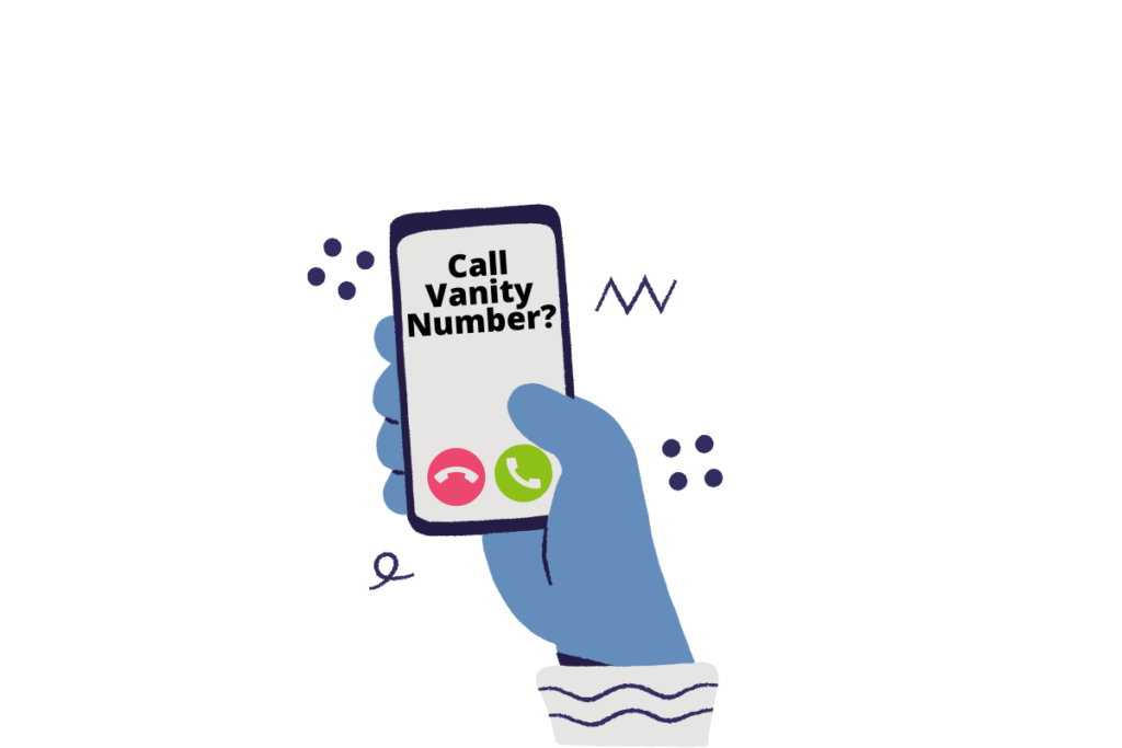 A hand holding a cell phone that says "Call Vanity Number?"