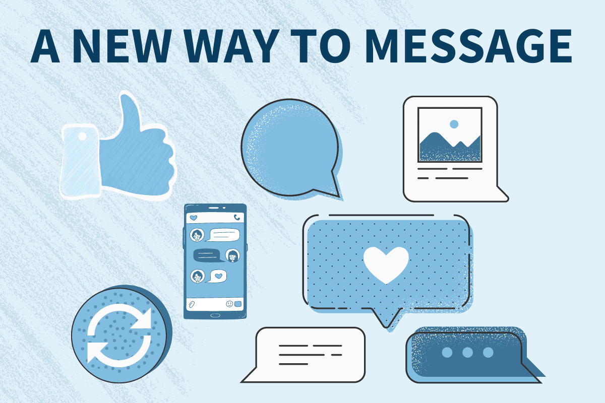 A graphic with eight different messaging icons and a bold text at the top saying, "A New Way to Message" to promote NumberBarn's new messaging user interface