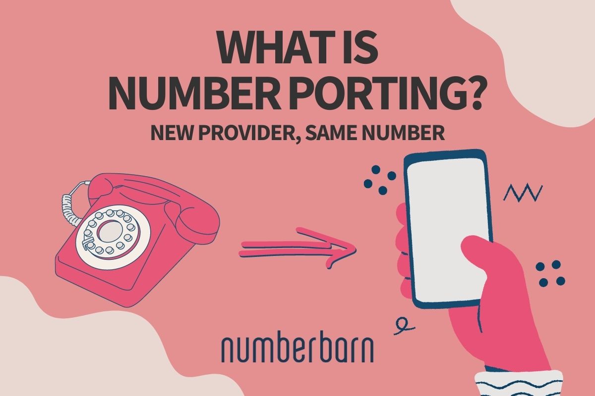 graphic of an old rotary phone with an arrow pointing to a hand holding a smart phone and words at the top saying, "What is number porting? New provider, same number."