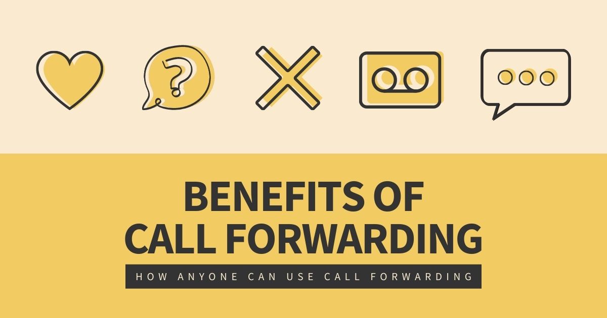 the words "benefits of call forwarding" and "how anyone can use call forwarding" beneath 5 symbols, representing each individual benefit of call forwarding