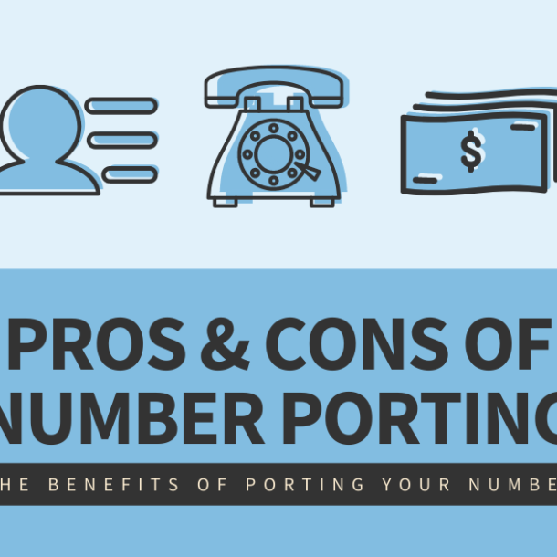 The words "Pros & cons of number porting" and "the benefits of porting your number" underneath 5 icons: a thumbs up, and ID card, an old rotary phone, dollar bills, and a thumbs down