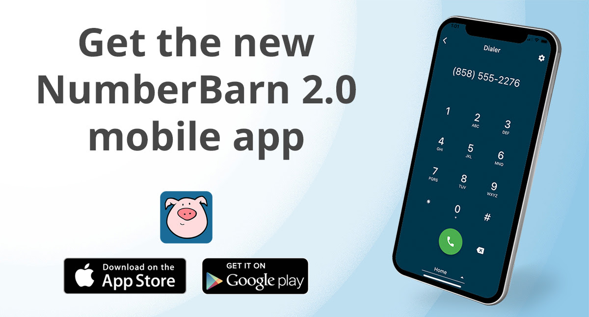 The words "Get the new NumberBarn 2.0 mobile app" an iPhone and the NumberBarn App icon/logo