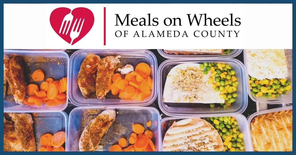 Various packages of meals in rows under the "Meals on Wheels of Alameda County" logo