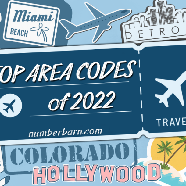Travel stamp in the foreground that says "Top Area Codes of 2022, numberbarn.com" and behind is are a collage of different stickers related to the cities gone over in the post.