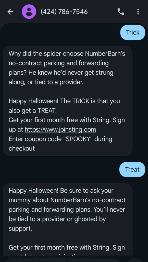 Screenshot of a NumberBarn Halloween SMS campaign