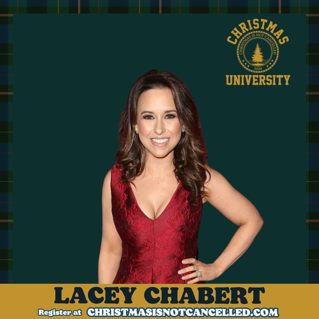 Lacey Chabert with Christmas Is Not Cancelled logo