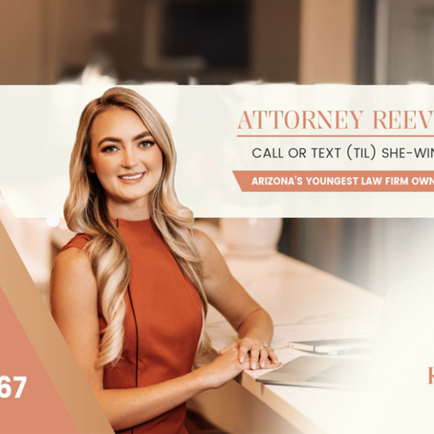 Advertisement-style graphic of Attorney Claudia Reeves showing her NumberBarn phone number "TIL-SHE-WINS" along with her law firm logo and branding.