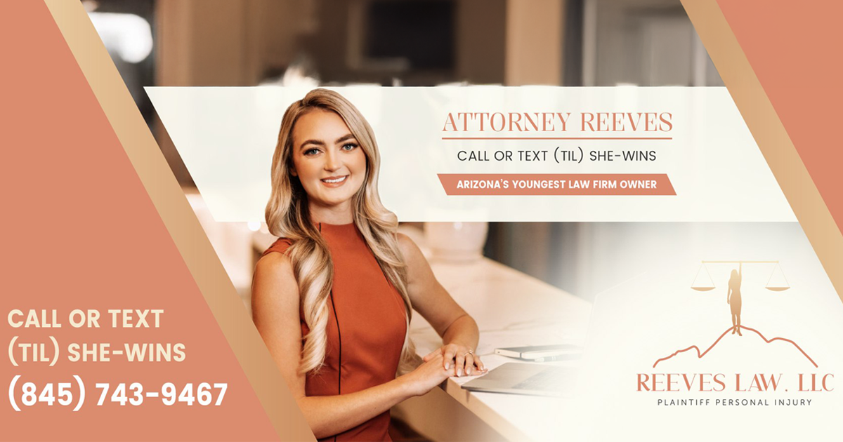 Advertisement-style graphic of Attorney Claudia Reeves showing her NumberBarn phone number "TIL-SHE-WINS" along with her law firm logo and branding.