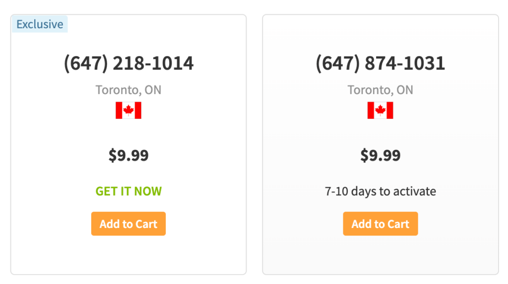 Screenshot of Toronto phone numbers for sale.